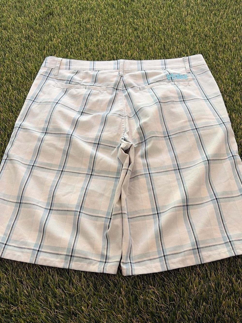 Sick Crazy Etnies Beige Blue Plaid Skater Shorts Size 34